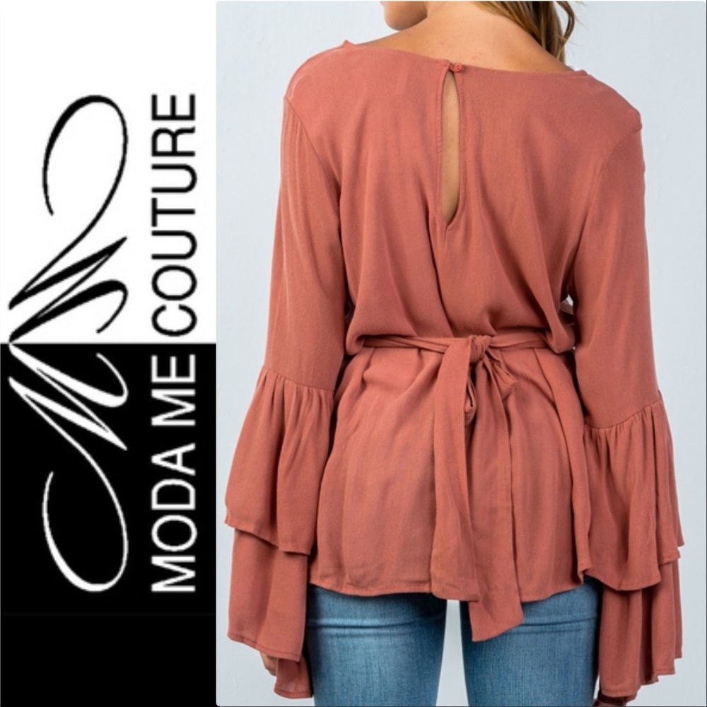 RUST COLORED BELL SLEEVE TOP MADE IN USA - Picture 2 of 4
